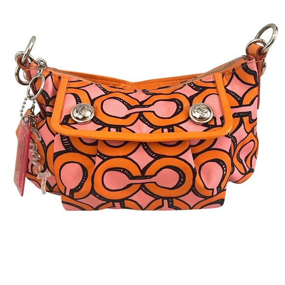 Coach Poppy Groovy Shoulder Bag Pink Orange Signature Pop Art Canvas Keychains - Picture 3 of 14